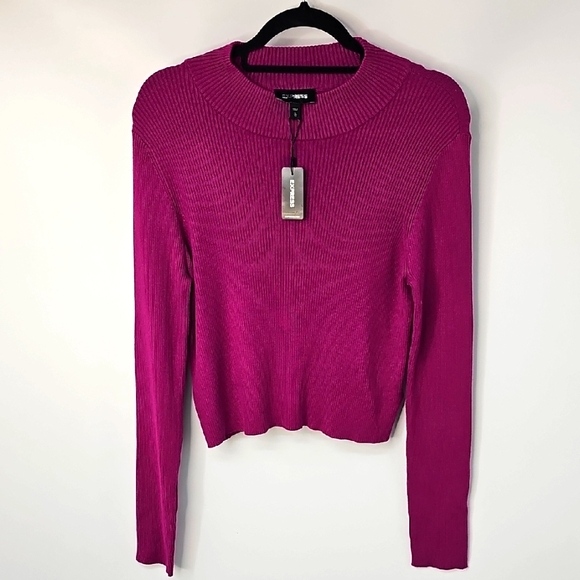 Express Ribbed Mock Turtleneck Cropped Knit Sweater Top Fuchsia Pink - Picture 1 of 8